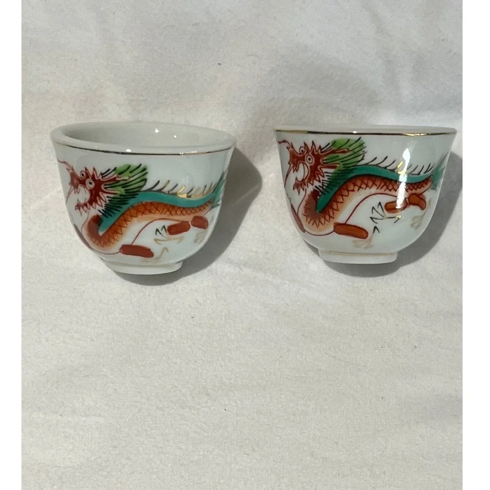 Vintage Chinese Porcelain Dragon Phoenix Tea Cup and Saucer Set of 6 Handpainted